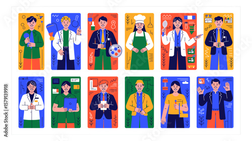 Diverse professionals illustration showcasing various occupations with vibrant colors and modern design depicting career roles and workplace diversity