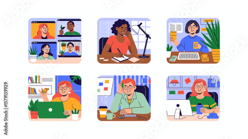 Diverse professionals engaging in remote work activities from their homes illustration concept