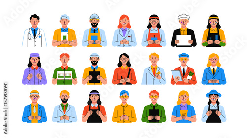 Diverse professionals vector illustration showcasing various occupations and career paths in a colorful and engaging design