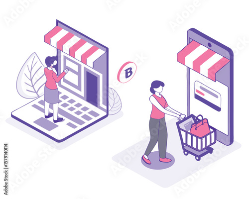 Online shopping experience with laptop and smartphone isometric illustration on white