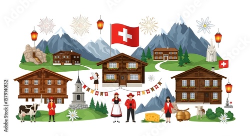 Swiss National Day Traditional Village Celebration with Alps Mountains and Swiss Culture Elements Vector