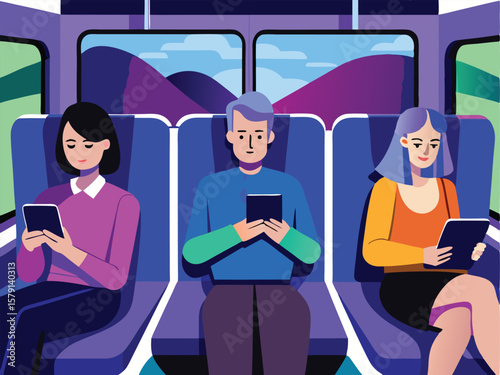 Passengers using tablets on public transportation with mountainous landscape outside