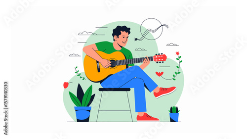 Man playing acoustic guitar sitting on stool surrounded by plants and music notes illustration creates a peaceful ambiance