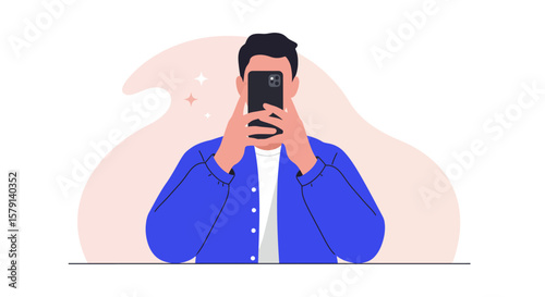 Man taking a photo with his smartphone in a modern vector illustration with a light pink background and wearing a blue jacket