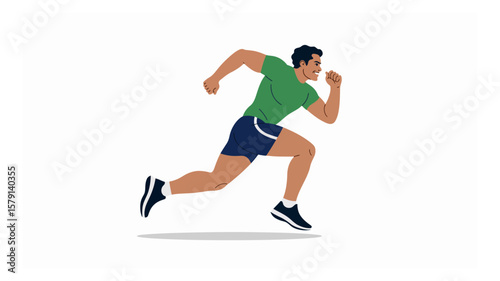 Man sprinting with determination in athletic gear against a clean white backdrop in a vector illustration