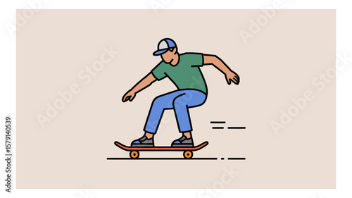 Skateboarder performing a trick with style and balance in an urban environment illustration with motion lines conveying speed and movement