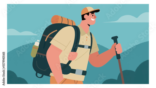 Smiling man hiking in the mountains with a backpack and walking stick enjoying the outdoor adventure and beautiful scenery