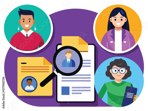 Vector illustration depicting the hiring process with candidate profiles and documents