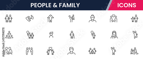 Vector line icons of parents, children, home, love, activities, family time, relationships, bonding, and care ideal for apps and websites.