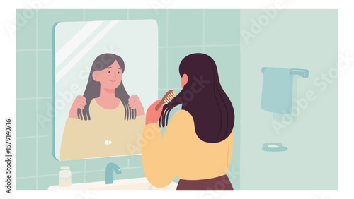 Woman brushes her hair in the bathroom mirror as she prepares for her daily routine with a smile
