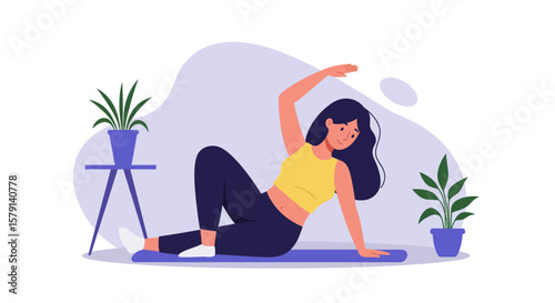 Woman doing side bend exercise on yoga mat at home for fitness and wellness with houseplants in the background, vector illustration