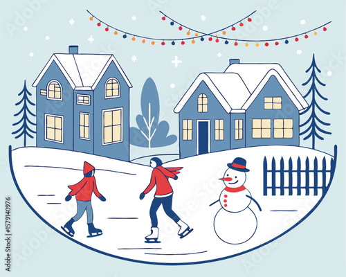 Whimsical winter scene of skating people and snowy houses on a white background