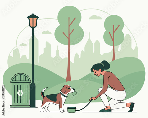 Woman cleaning up after her dog in a park environment vector illustration