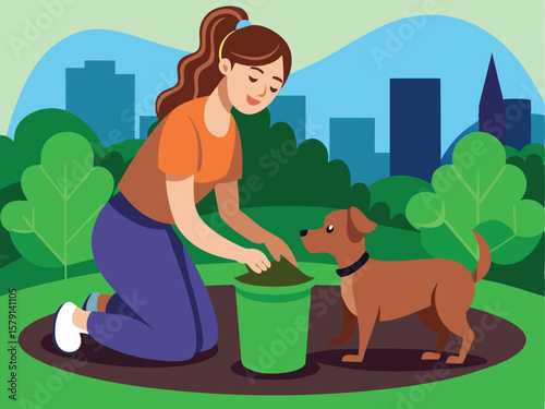 Woman and dog in park with green bucket illustration on white background