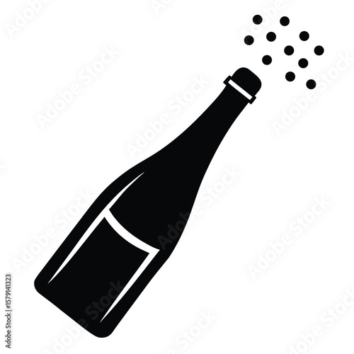 Champagne Bottle Opening with Bubbles Icon in Black and White Silhouette Style
