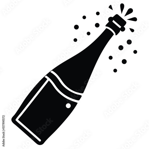 Popping Champagne Bottle Illustration Black Silhouette with Bubbles for Celebration Theme