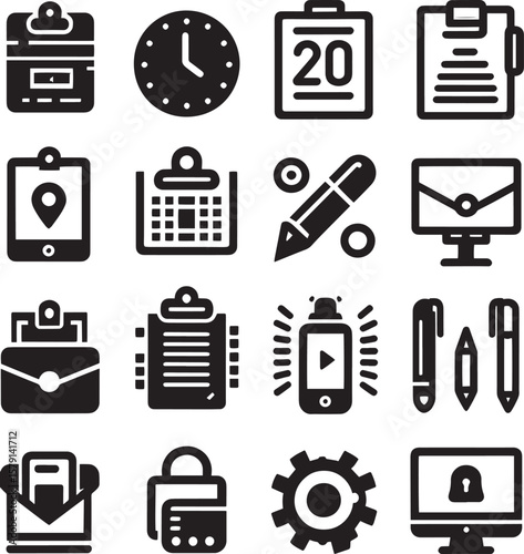 Workplace essentials icons set: A comprehensive set of minimalist, symbolic icons represents the core elements of a modern work environment.