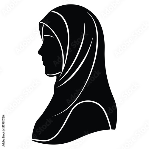Silhouette of Muslim Woman Wearing Hijab in Black and White Minimalist Style