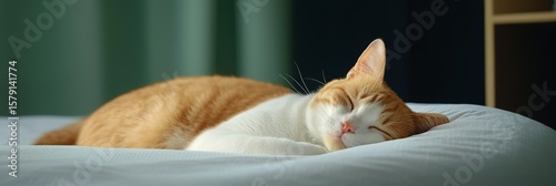 Orange and White Cat Sleeping Peacefully - Adorable orange and white cat taking a nap on a soft, light blue bed. Peaceful and serene