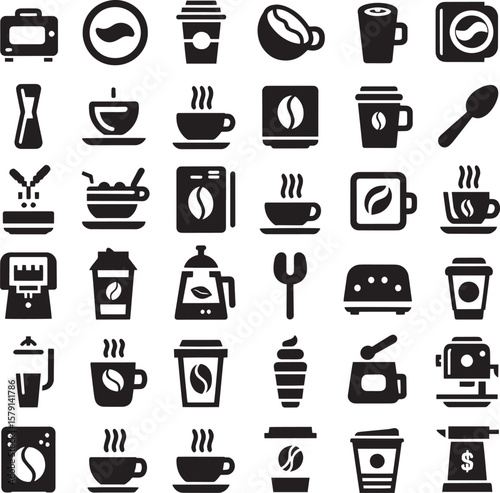 Coffee Iconography: A striking collection of black and white coffee icons, celebrating the beverage, showcasing a blend of classic mugs, beans, and brewing tools