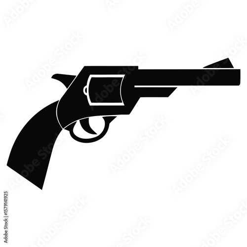 Single Black Silhouette of a Revolver Gun Isolated on White Background