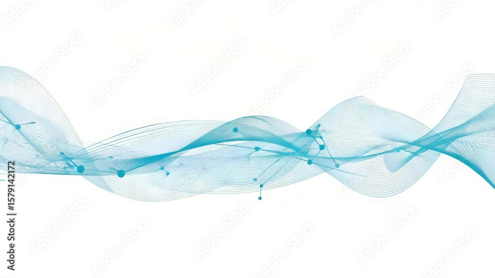 Abstract light blue wavy lines with connected dots on a white plain background design element. Abstract technology wave. Blue dots on white background. Futuristic data flow design