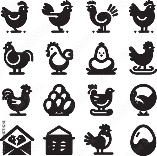 Set of Chicken Icons: A collection of bold, graphic icons depicting various poses and elements associated with chickens and their related aspects. Ideal for use in design and branding projects.