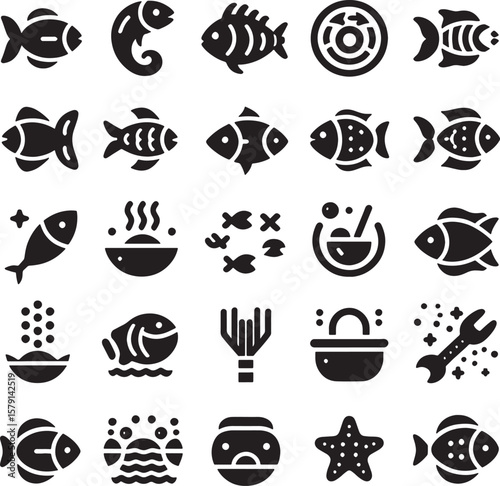Aquatic Iconography: A collection of detailed fish icon set, marine animal, and related element. Simple design and transparent background.
