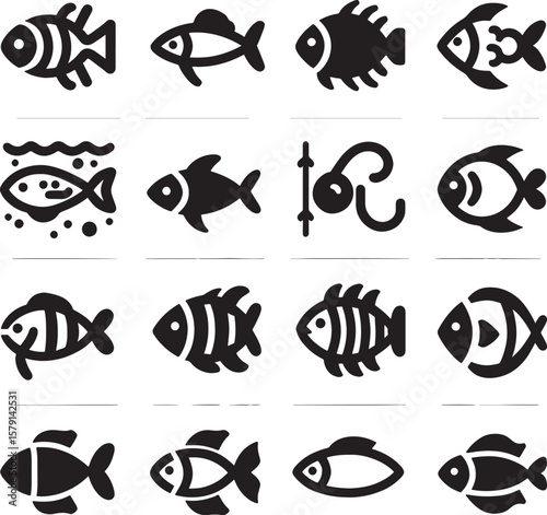 Iconic aquatic collection: A captivating collection of stylized, monochrome illustrations featuring a variety of aquatic creatures, symbols of the vast ocean's diverse inhabitants.