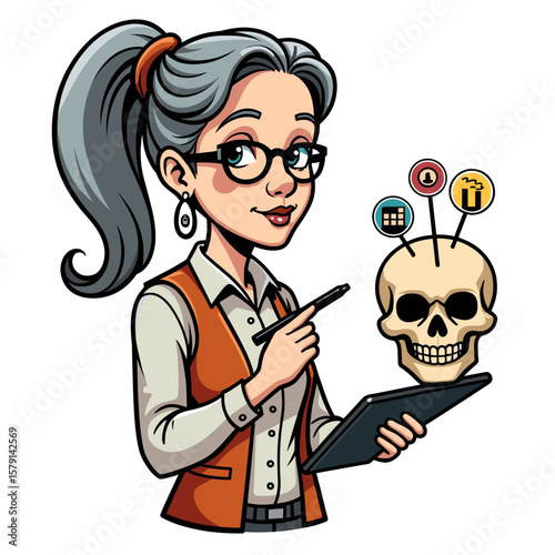 Female technology teacher presenting ideas with a skull model and tablet. Back to school - funny stickers with pictures of teachers  