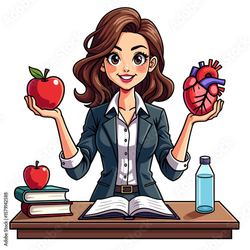 Young female health education teacher holding an apple and a human heart. Back to school - funny stickers with pictures of teachers  