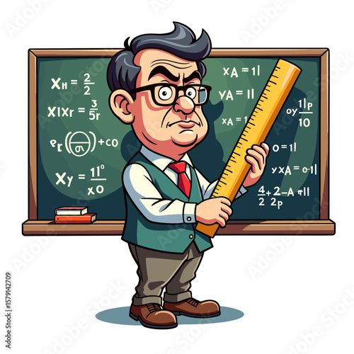 Math teacher holding a ruler in front of a chalkboard with equations. Back to school - funny stickers with pictures of teachers 