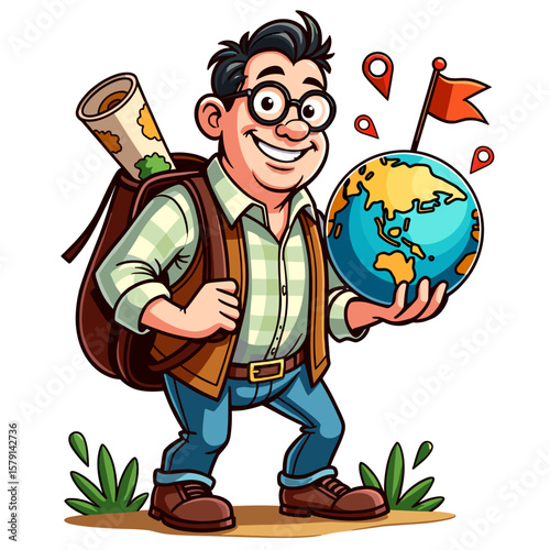 Cartoon geography teacher holding a globe and map with a backpack. Back to school - funny stickers with pictures of teachers  