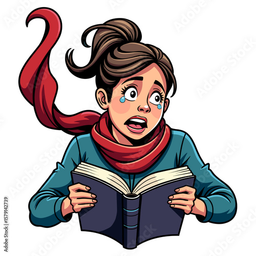 Young woman reading a book with emotional expression and scarf. Back to school - funny stickers with pictures of teachers