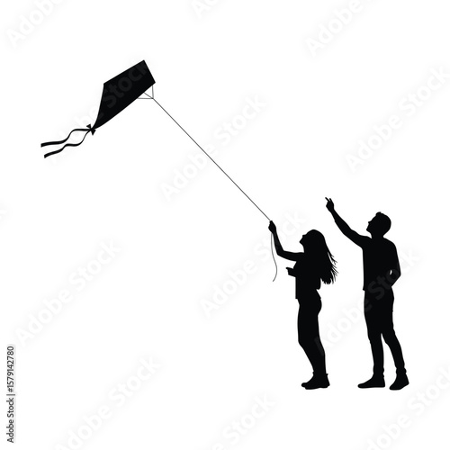 A silhouette of a couple flying a kite isolated on white background, enjoying a sunny day together