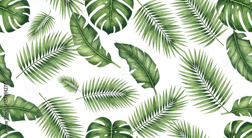 Watercolor Tropical Foliage Pattern Lush Green Palm and Monstera Leaves.