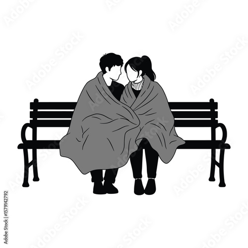 A silhouette of a couple snuggling under a blanket on a bench isolated on white background, enjoying a romantic moment