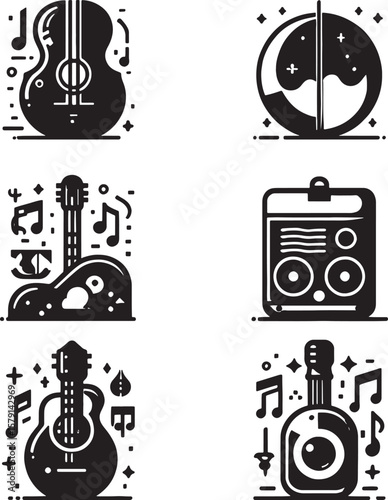 Musical Instrument Icon Collection: A creative montage of various musical instrument illustrations in a monochromatic color scheme for graphic resource.
