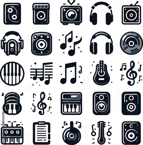 Musical Collection: A curated assemblage of iconic musical elements, from instruments to auditory devices, artfully arranged in a vector graphic with distinct details.