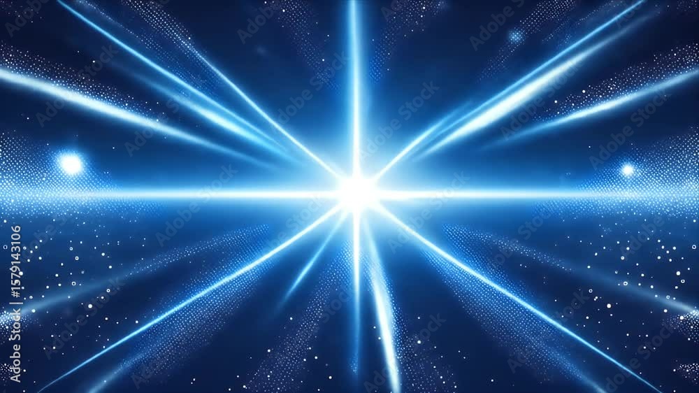 Bright center light bursts outwards, trails with dots, blue space