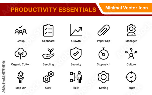Set of productivity and time management icons. Editable line strokes: efficiency, speedometer, schedule, reminders, project workflow, business growth.