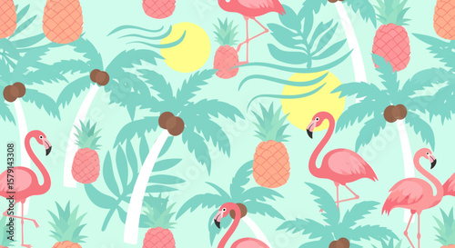 Tropical Flamingo and Pineapple Pattern with Palm Trees and Yellow Sun.