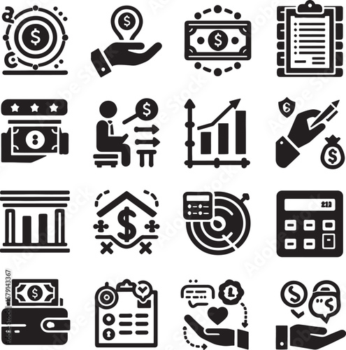 Financial Icon Set: A comprehensive collection of finance and business icons, each meticulously crafted to convey key concepts, themes, and values of monetary and commercial topics.