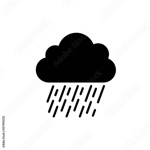 Black Rain Cloud Icon: A minimalist, graphic rendering of a rain cloud, featuring a dark, ominous form with falling raindrops, conveys a sense of impending weather and atmospheric conditions.