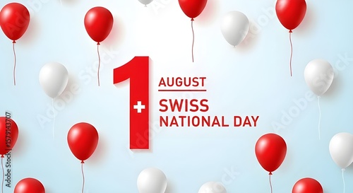 Swiss National Day 1 August Celebration Background with Red and White Balloons