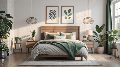 Serene bedroom with a wooden bed green accents and abundant natural light