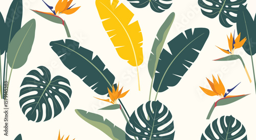 Tropical foliage pattern with monstera leaves and bird of paradise flowers.