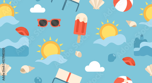 Summer themed pattern with suns clouds seashells beach balls and sunglasses.
