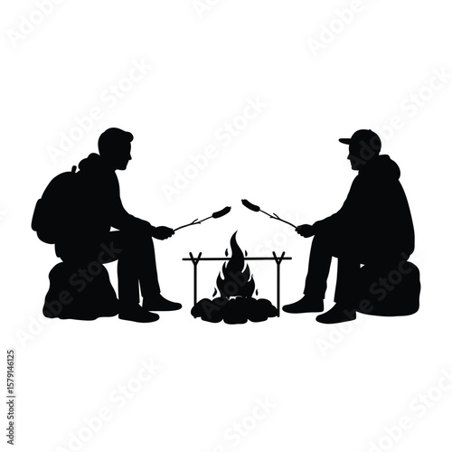 Silhouettes of campers roasting marshmallows over a campfire, isolated on white background