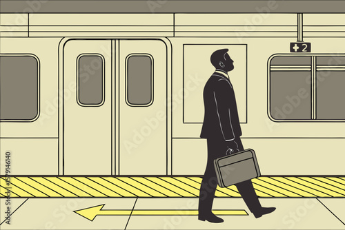 Businessman walking at subway platform with briefcase and waiting train